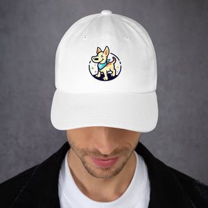 White cap with a dog illustration on a gray background