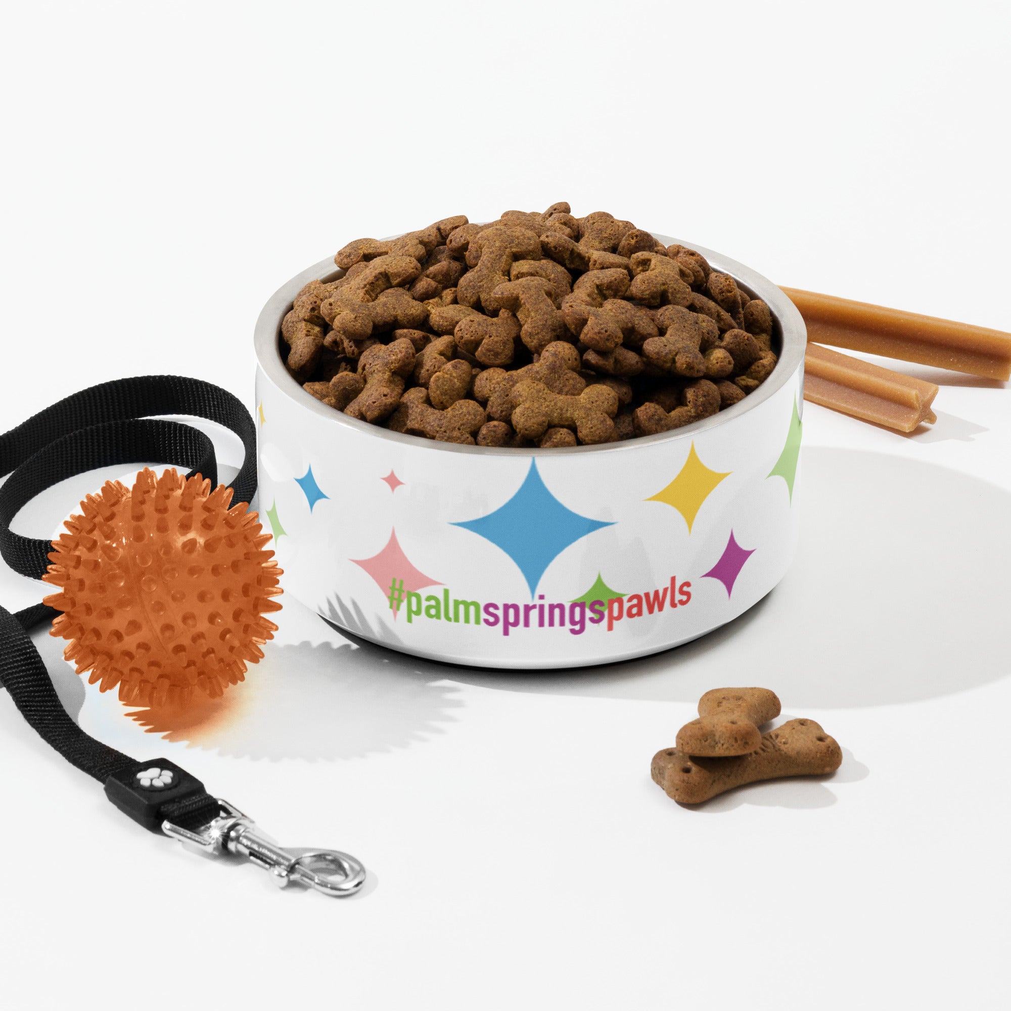Dog food bowl with dog treats, a ball, and a leash on a white background