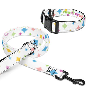 Dog collar and leash set with colorful star pattern on a white background