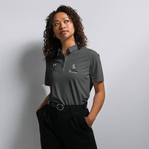 Person wearing a gray Under Armour polo shirt with a logo on a plain background